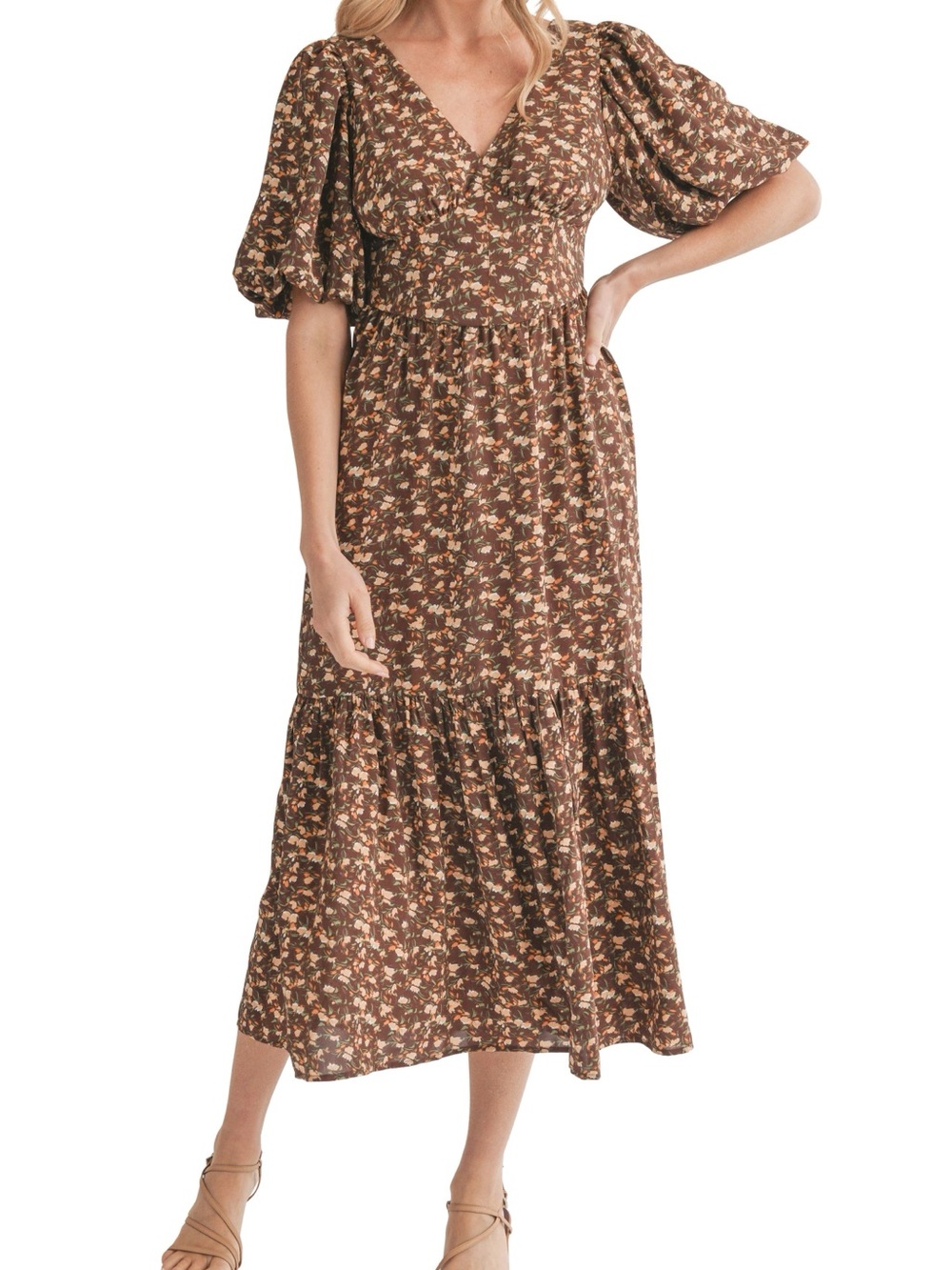 Lush Brown Floral Midi Dress with Puff Sleeves